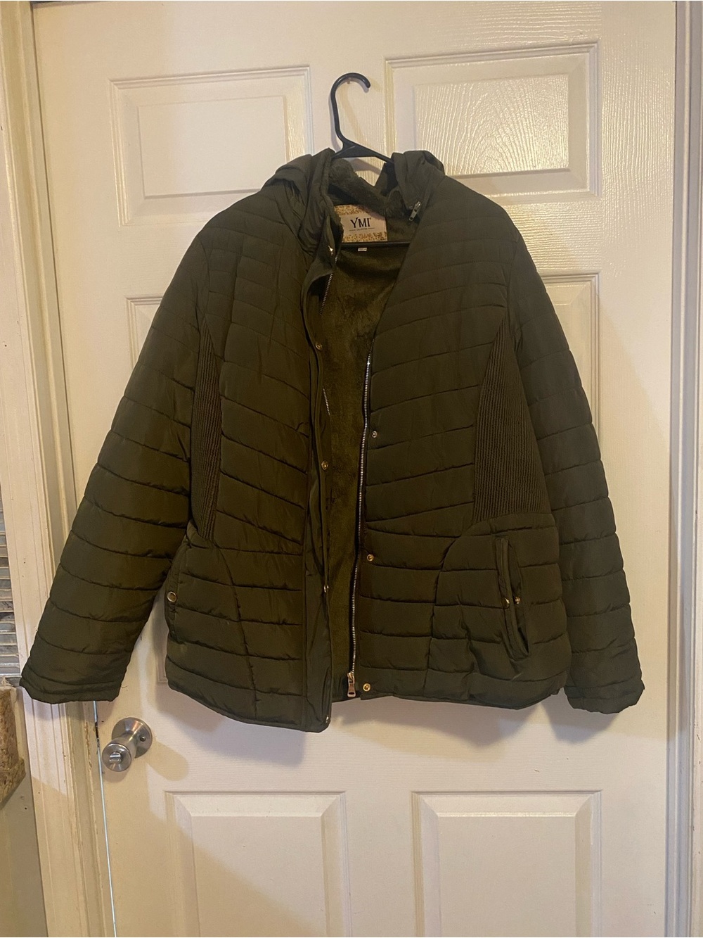 YMI womens  Olive Green Quilted Hooded Puffer Jacket